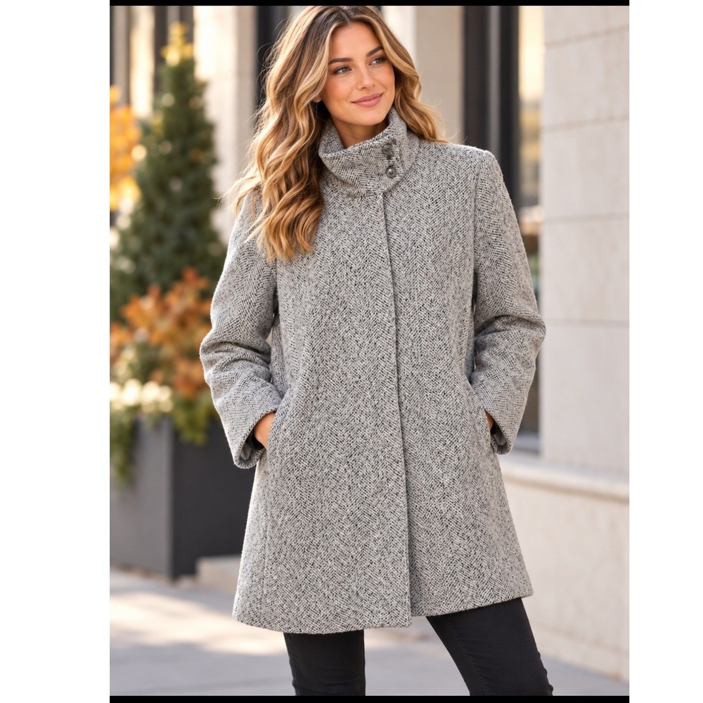 LOFT LP Wool Blend Gray Herringbone Tweed Coat Funnel Neck Full Zip Mid Length